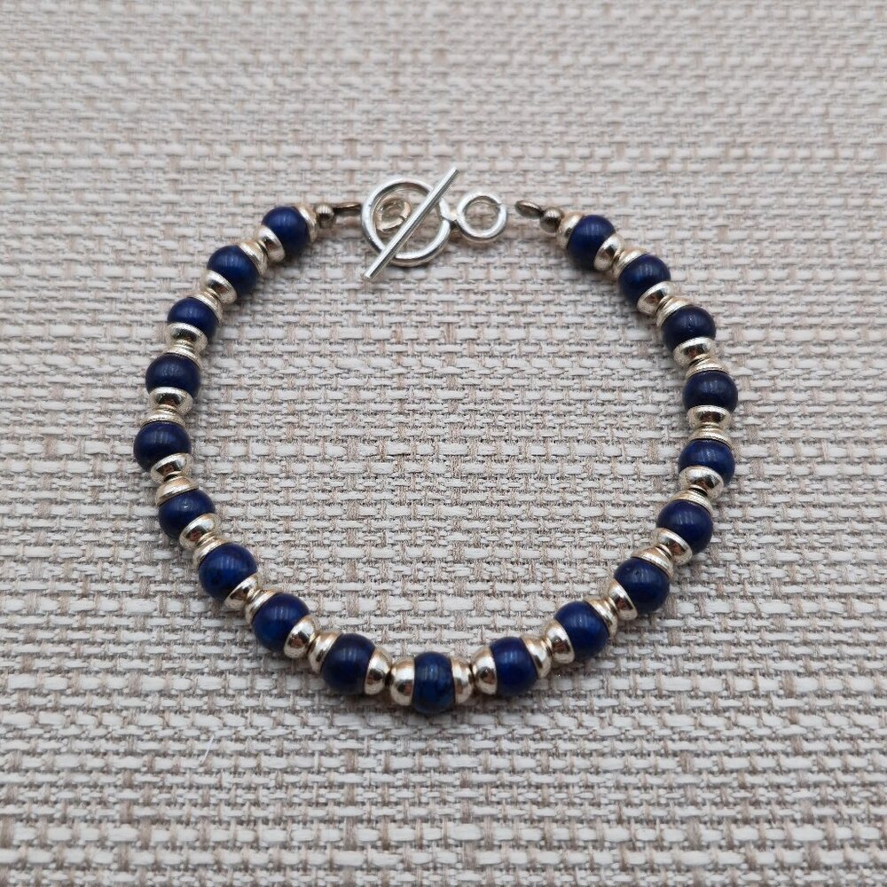 8 Inch Sterling Silver Sodalite Stone Simple Bracelet B713